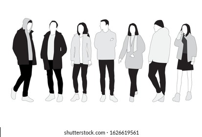 Vector silhouettes of  men and a women, a group of standing and walking  business people,  linear sketch, black color isolated on white background