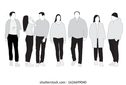 Vector silhouettes of  men and a women, a group of standing  business people,  linear sketch, black color isolated on white background