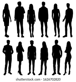 Vector silhouettes of  men and a women, a group of standing  business people, black color isolated on white background