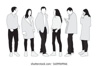 Vector silhouettes of  men and a women, a group of standing  business people,  linear sketch, black, gray and white color isolated on white background