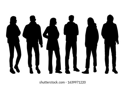 Vector silhouettes of  men and a women, a group of standing  business people, black color isolated on white background - Shutterstock ID 1639971220