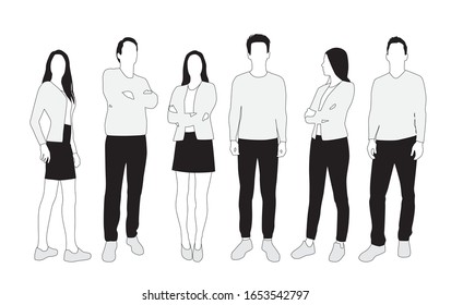 Vector silhouettes of  men and a women, a group of standing  business people,  linear sketch, black, gray and white color isolated on white background