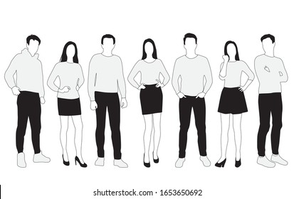 Vector silhouettes of  men and a women, a group of standing  business people,  linear sketch, black, gray and white color isolated on white background