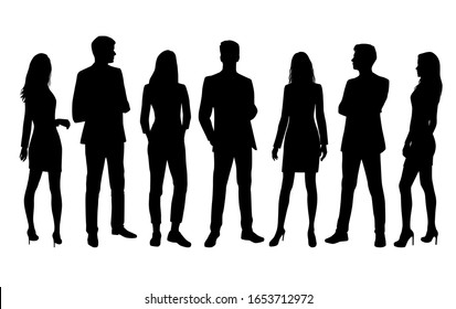 Vector silhouettes of  men and a women, a group of standing  business people, black color isolated on white background