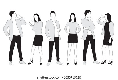 Vector silhouettes of  men and a women, a group of standing  business people,  linear sketch, black, gray and white color isolated on white background