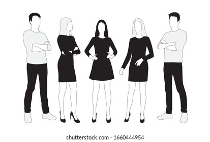 Vector silhouettes of  men and a women, a group of standing  business people,  linear sketch, black, gray and white color isolated on white background