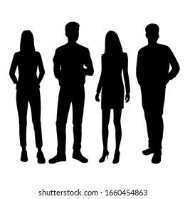 Vector silhouettes of  men and a women, a group of standing  business people, black color isolated on white background