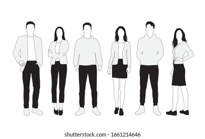 Vector silhouettes of  men and a women, a group of standing  business people,  linear sketch, black, gray and white color isolated on white background