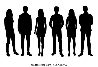 Vector silhouettes of  men and a women, a group of standing  business people, black color isolated on white background - Shutterstock ID 1667388952