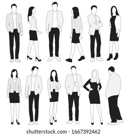 Vector silhouettes of  men and a women, a group of standing  business people,  linear sketch, black, gray and white color isolated on white background