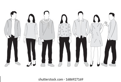 Siluetas vectoriales de hombres y mujeres, un grupo de hombres de negocios de pie, boceto lineal, negro, gris y blanco aislados en fondo blanco