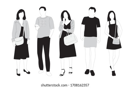 Vector silhouettes of  men and a women, a group of standing  business people,  linear sketch, black, gray and white color isolated on white background