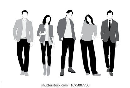 Vector silhouettes of  men and a women, a group of standing  business people,  linear sketch, black, gray and white color isolated on white background