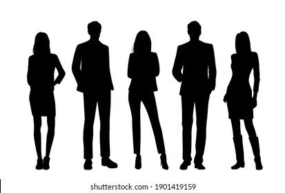 Vector silhouettes of  men and a women, a group of standing  business people, black  color isolated on white background - Shutterstock ID 1901419159