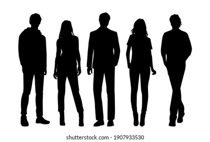 Vector silhouettes of  men and a women, a group of standing  business people, black  color isolated on white background - Shutterstock ID 1907933530