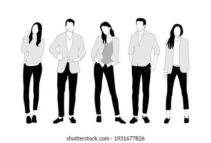 Vector silhouettes of  men and a women, a group of standing  business people,  linear sketch, black, gray and white color isolated on white background