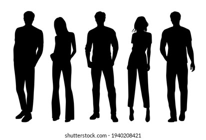 Vector silhouettes of  men and a women, a group of standing  business people, black  color isolated on white background