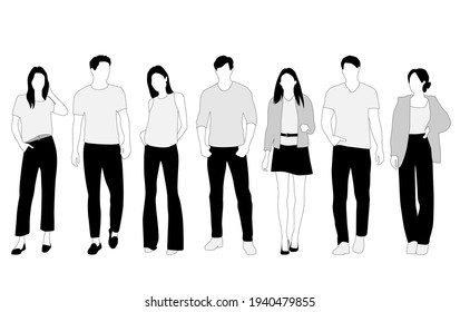 Vector silhouettes of  men and a women, a group of standing  business people,  linear sketch, black, gray and white color isolated on white background