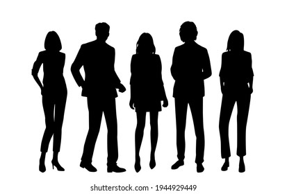 Vector silhouettes of  men and a women, a group of standing  business people, black  color isolated on white background