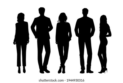 Vector silhouettes of  men and a women, a group of standing  business people, black  color isolated on white background