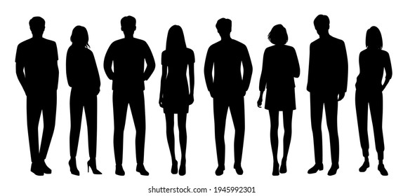 Vector silhouettes of  men and a women, a group of standing  business people, black  color isolated on white background