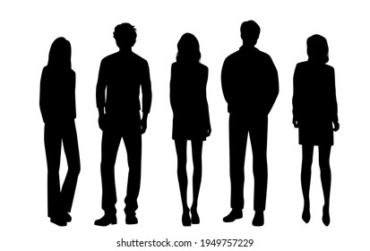 Vector silhouettes of  men and a women, a group of standing  business people, black  color isolated on white background