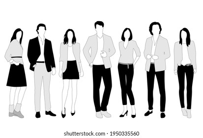 Vector silhouettes of  men and a women, a group of standing  business people,  linear sketch, black, gray and white color isolated on white background