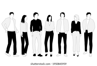 Vector silhouettes of  men and a women, a group of standing  business people,  linear sketch, black, gray and white color isolated on white background