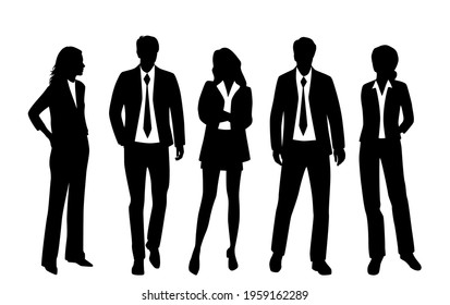 Vector silhouettes of  men and a women, a group of standing  business people, black  color isolated on white background