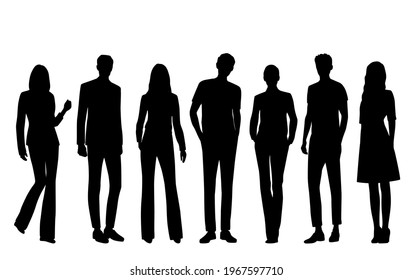 Vector silhouettes of  men and a women, a group of standing  business people, black  color isolated on white background