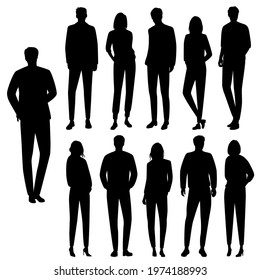 Vector silhouettes of  men and a women, a group of standing  business people, black  color isolated on white background