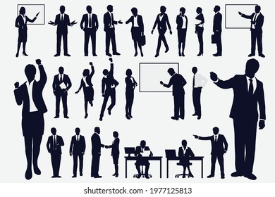 Vector silhouettes of men and a women, a group of standing and walking business people.