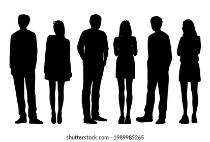 Vector silhouettes of  men and a women, a group of standing  business people, black  color isolated on white background