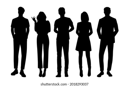 Vector silhouettes of  men and a women, a group of standing  business people, profile, black  color isolated on white background