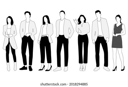 Vector silhouettes of  men and a women, a group of standing  business people,  linear sketch, black, gray and white color isolated on white background