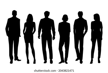 Vector silhouettes of  men and a women, a group of standing  business people, profile, black  color isolated on white background