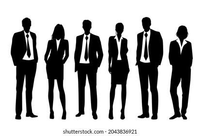 Siluetas vectoriales de hombres y mujeres, un grupo de hombres de negocios de pie, perfil, color negro aislado en fondo blanco