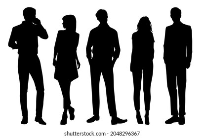 Vector silhouettes of  men and a women, a group of standing  business people, profile, black  color isolated on white background