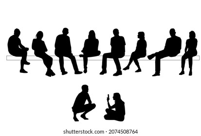 Vector silhouettes of  men and a women, a group of sitting on a bench  business people, profile, black  color isolated on white background