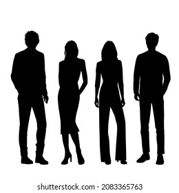 Vector silhouettes of  men and a women, a group of standing   business people, profile, black  color isolated on white background