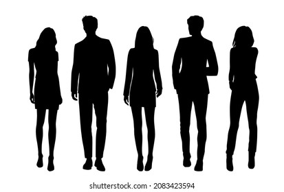 Vector silhouettes of  men and a women, a group of standing   business people, profile, black  color isolated on white background