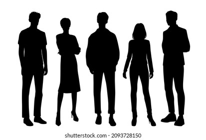 Vector silhouettes of  men and a women, a group of standing   business people, profile, black  color isolated on white background