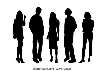 Vector silhouettes of  men and a women, a group of standing   business people, profile, black  color isolated on white background