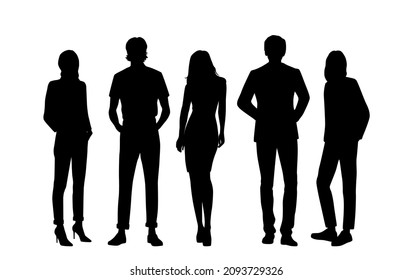 Vector silhouettes of  men and a women, a group of standing   business people, profile, black  color isolated on white background