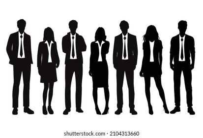 Vector silhouettes of  men and a women, a group of standing  business people, black  color isolated on white background
