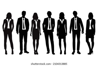 Vector silhouettes of  men and a women, a group of standing  business people, black  color isolated on white background