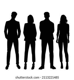 Vector silhouettes of  men and a women, a group of standing  business people, black  color isolated on white background