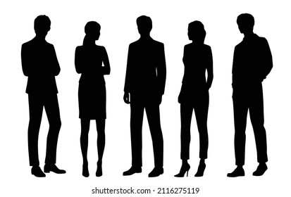 Vector silhouettes of  men and a women, a group of standing  business people, black color isolated on white background