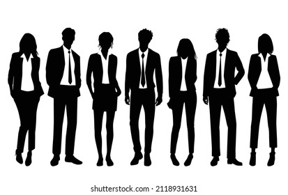 Vector silhouettes of  men and a women, a group of standing  business people, black and white color isolated on white background