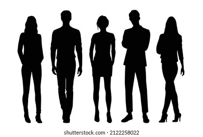 Vector silhouettes of  men and a women, a group of standing  business people, black color isolated on white background